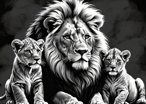 Lion and lion cubs.Lions family.Vector illustration.Lion family in the savannah.Digital painting.Lion and lioness with cubs.Drawing and sketching.African safari.African safari scene with wild animals.