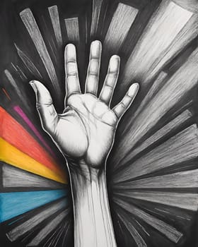 Hand drawn sketch style illustration of human hand on a colorful background.Hand of a man painted on a blackboard with colored stripes.Hand drawn sketch of human hand on colorful background. Vector illustration.