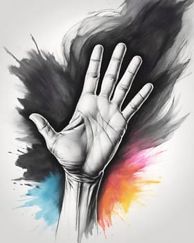 Hand drawn sketch style illustration of human hand on a colorful background.Hand of a man painted on a blackboard with colored stripes.Hand drawn sketch of human hand on colorful background. Vector illustration.