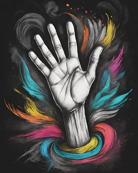 Hand drawn sketch style illustration of human hand on a colorful background.Hand of a man painted on a blackboard with colored stripes.Hand drawn sketch of human hand on colorful background. Vector illustration.