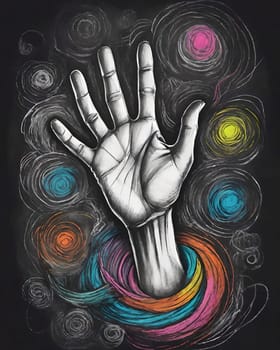 Hand drawn sketch style illustration of human hand on a colorful background.Hand of a man painted on a blackboard with colored stripes.Hand drawn sketch of human hand on colorful background. Vector illustration.