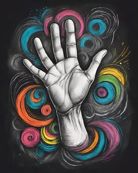 Hand drawn sketch style illustration of human hand on a colorful background.Hand of a man painted on a blackboard with colored stripes.Hand drawn sketch of human hand on colorful background. Vector illustration.