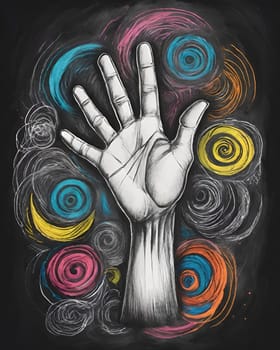 Hand drawn sketch style illustration of human hand on a colorful background.Hand of a man painted on a blackboard with colored stripes.Hand drawn sketch of human hand on colorful background. Vector illustration.