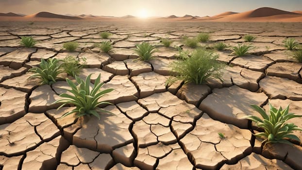 Desert landscape with arid climate and green plants. Green plant on cracked earth background. Concept of drought and climate change.