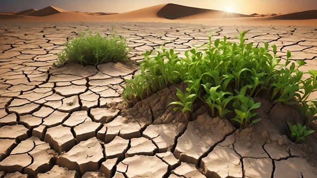 Desert landscape with arid climate and green plants. Green plant on cracked earth background. Concept of drought and climate change.