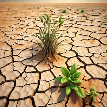 Desert landscape with arid climate and green plants. Green plant on cracked earth background. Concept of drought and climate change.