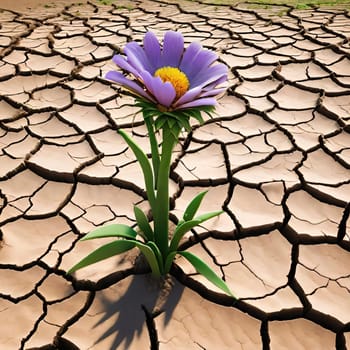 Desert landscape with arid climate and green plants. Green plant on cracked earth background. Concept of drought and climate change.