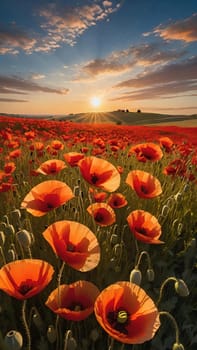 poppy field at sunset. Beautiful landscape with red poppies. Nature composition. Soft focus.