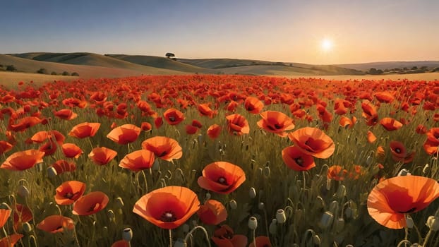 poppy field at sunset. Beautiful landscape with red poppies. Nature composition. Soft focus.