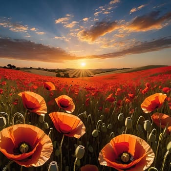 poppy field at sunset. Beautiful landscape with red poppies. Nature composition. Soft focus.