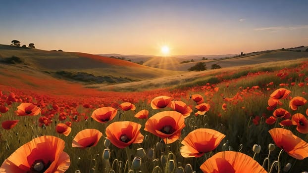 poppy field at sunset. Beautiful landscape with red poppies. Nature composition. Soft focus.