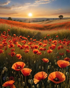 poppy field at sunset. Beautiful landscape with red poppies. Nature composition. Soft focus.