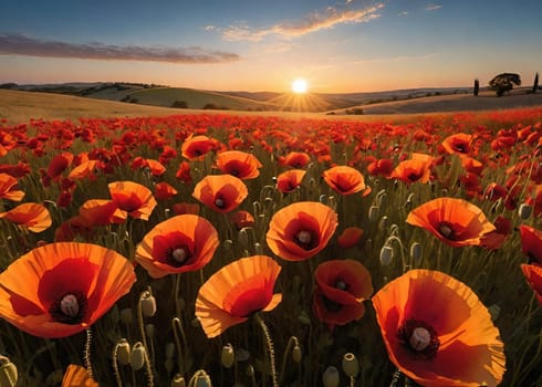 poppy field at sunset. Beautiful landscape with red poppies. Nature composition. Soft focus.