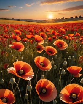 poppy field at sunset. Beautiful landscape with red poppies. Nature composition. Soft focus.