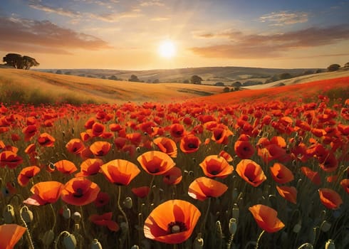 poppy field at sunset. Beautiful landscape with red poppies. Nature composition. Soft focus.