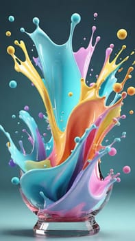 Colorful paint splashes isolated on blue background. 3d rendering.