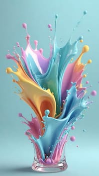 Colorful paint splashes isolated on blue background. 3d rendering.