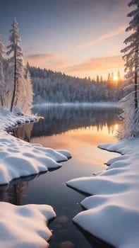 Winter landscape with snow covered trees and river at sunset. Beautiful winter landscape with frozen river and snow covered trees at sunset.Sunset on the river in winter forest. Beautiful winter landscape.Fantastic winter landscape with snow covered trees and river at sunset.