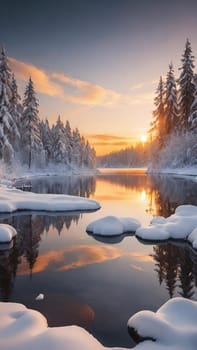 Winter landscape with snow covered trees and river at sunset. Beautiful winter landscape with frozen river and snow covered trees at sunset.Sunset on the river in winter forest. Beautiful winter landscape.Fantastic winter landscape with snow covered trees and river at sunset.