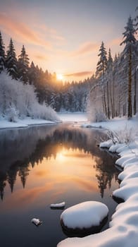 Winter landscape with snow covered trees and river at sunset. Beautiful winter landscape with frozen river and snow covered trees at sunset.Sunset on the river in winter forest. Beautiful winter landscape.Fantastic winter landscape with snow covered trees and river at sunset.