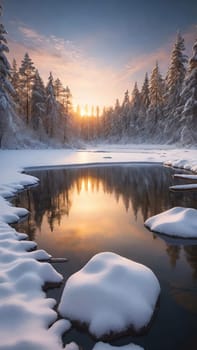 Winter landscape with snow covered trees and river at sunset. Beautiful winter landscape with frozen river and snow covered trees at sunset.Sunset on the river in winter forest. Beautiful winter landscape.Fantastic winter landscape with snow covered trees and river at sunset.