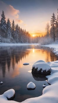 Winter landscape with snow covered trees and river at sunset. Beautiful winter landscape with frozen river and snow covered trees at sunset.Sunset on the river in winter forest. Beautiful winter landscape.Fantastic winter landscape with snow covered trees and river at sunset.