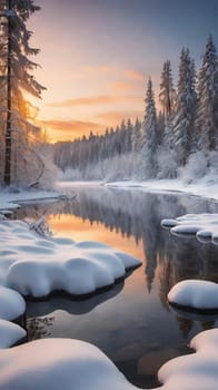 Winter landscape with snow covered trees and river at sunset. Beautiful winter landscape with frozen river and snow covered trees at sunset.Sunset on the river in winter forest. Beautiful winter landscape.Fantastic winter landscape with snow covered trees and river at sunset.