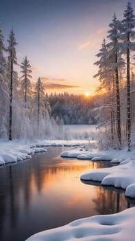 Winter landscape with snow covered trees and river at sunset. Beautiful winter landscape with frozen river and snow covered trees at sunset.Sunset on the river in winter forest. Beautiful winter landscape.Fantastic winter landscape with snow covered trees and river at sunset.