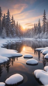 Winter landscape with snow covered trees and river at sunset. Beautiful winter landscape with frozen river and snow covered trees at sunset.Sunset on the river in winter forest. Beautiful winter landscape.Fantastic winter landscape with snow covered trees and river at sunset.