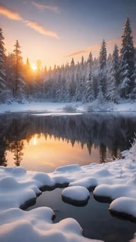 Winter landscape with snow covered trees and river at sunset. Beautiful winter landscape with frozen river and snow covered trees at sunset.Sunset on the river in winter forest. Beautiful winter landscape.Fantastic winter landscape with snow covered trees and river at sunset.