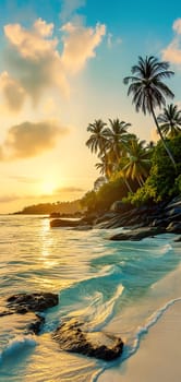 tropical beach view at sunset or sunrise with white sand, turquoise water and palm trees. Neural network generated image. Not based on any actual scene or pattern.