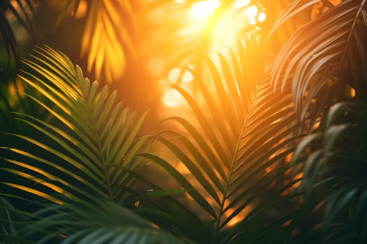 Vibrant sunny backdrop palm leaves with golden sun light. Neural network generated in January 2024. Not based on any actual scene or pattern.