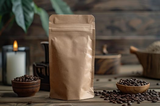 Blank coffee packaging on a wooden table, packaging mockup with empty space for branding design.