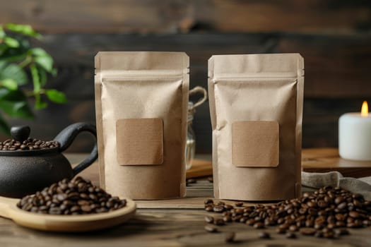 Blank coffee packaging on a wooden table, packaging mockup with empty space for branding design.