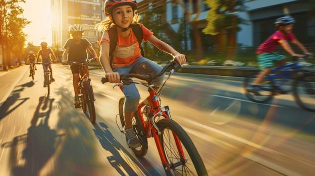 a group of kids riding bicycle on urban street, speeding and overtaking, summer activity.