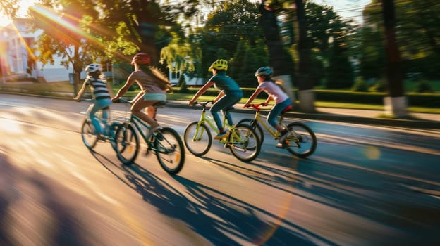 a group of kids riding bicycle on urban street, speeding and overtaking, summer activity.