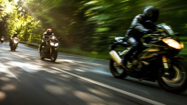a group of motorcycle riding on the road together, speeding and overtaking, summer activity.