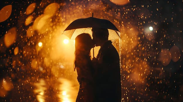 Couple kissing in the rain with back cinematic light. Neural network generated image. Not based on any actual person or scene.