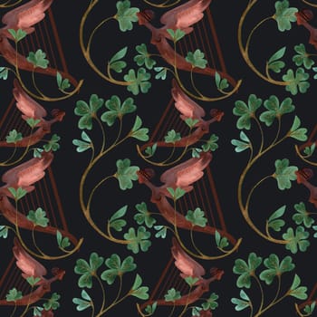 Seamless pattern with symbols of Ireland. Wrapping paper for St. Patrick's Day. Watercolor in vintage style on a black background