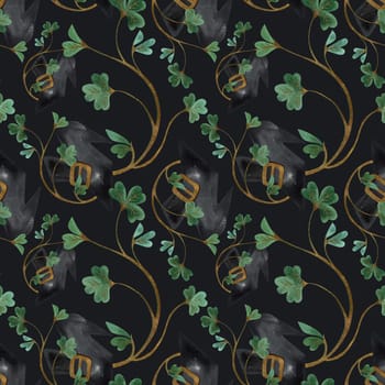 Seamless pattern with symbols of Ireland. Wrapping paper for St. Patrick's Day. Watercolor in vintage style on a black background
