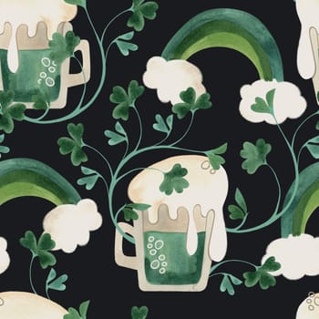 Seamless pattern with symbols of Ireland. Wrapping paper for St. Patrick's Day. Watercolor in vintage style on a black background