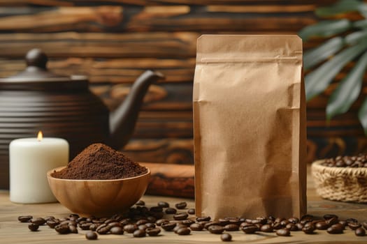 Blank coffee packaging on a wooden table, packaging mockup with empty space for branding design.