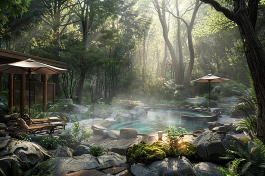 A tranquil spa retreat enveloped in a lush forest setting, with mist rising from a hot pool surrounded by natural stones. Sunlight filters through the trees, enhancing the serene atmosphere