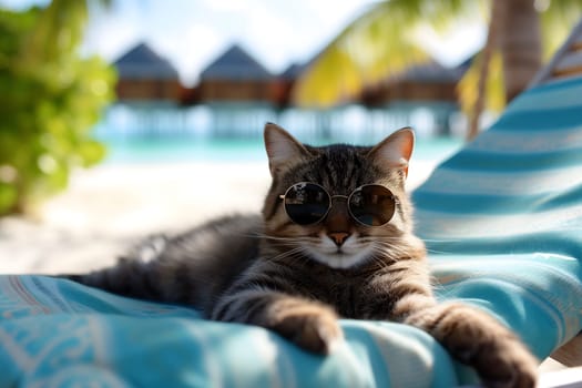 tabby cat with sunglasses laid on tropical beach, vacation theme. Neural network generated image. Not based on any actual person or scene.