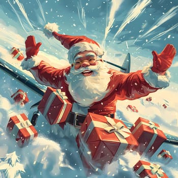 A happy Santa Claus flying through the winter air on a painting, surrounded by clouds and water. The art depicts a fun and recreational winter event