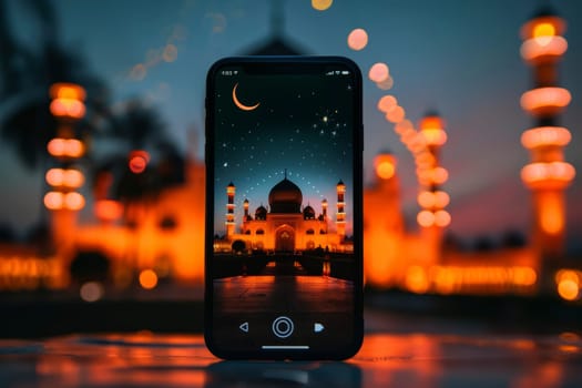 A smartphone displays a vibrant digital Eid card against a backdrop of illuminated mosques. This symbolizes the blend of tradition and modern technology in celebrations