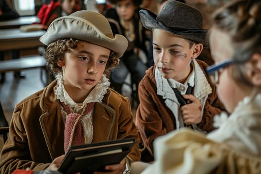Students dressed in historical attire use augmented reality to experience a bygone era, enhancing their understanding of history through interactive learning. The technology bridges the past and present in an educational setting