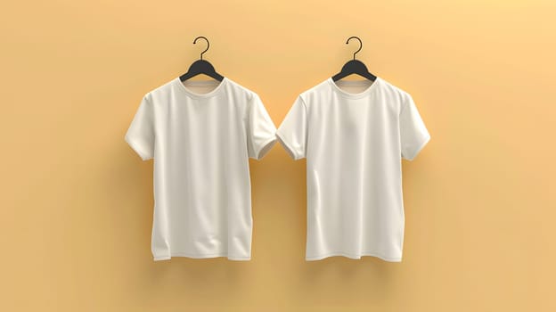 Two white tshirts are displayed on a hanger against a yellow wall, showcasing stylish outerwear with sleeves, collars, and headgear