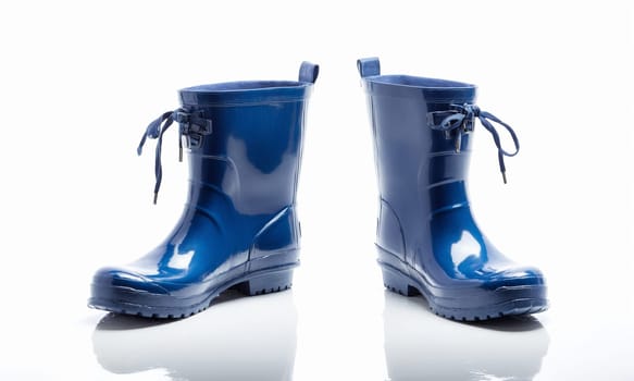 Blue waterproof rubber boots on a white background