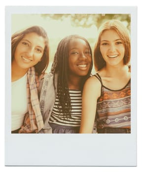 Women, friends and group portrait with smile as polaroid picture for bonding connection, summer or together. Female people, face and diversity in environment for relaxing joy, vacation or weekend.